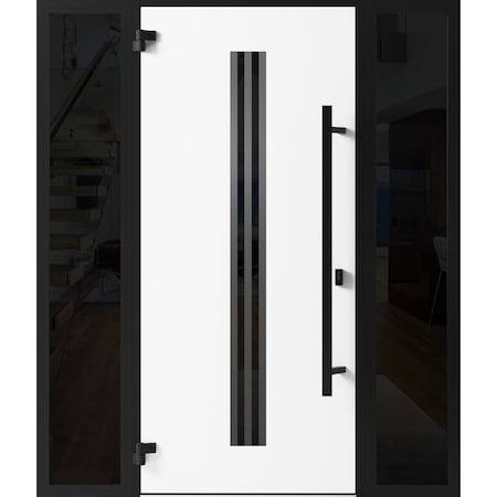 Vdomdoors Front Exterior Prehung Steel Door Ronex1055 Teak 2 Sidelight Exterior Windows Sidelites Entry Metal RONEX1055EXD-OAK-W14+36+14 x H80-RH-I