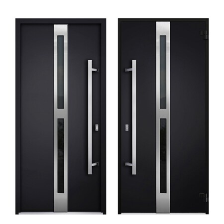 Vdomdoors Steel Door Deux 1755 Black Enamel Stainless Inserts Single Modern Painted-W36xH80-Left Inswing DEUX1755EXD-BLK-W36 x H80-Left-hand Inswing