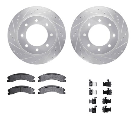 Dynamic Friction Co DFC Brake Rotor - Drilled & Slotted - Silver- Heavy Duty Brake Pad includes Hardware 7412-67007