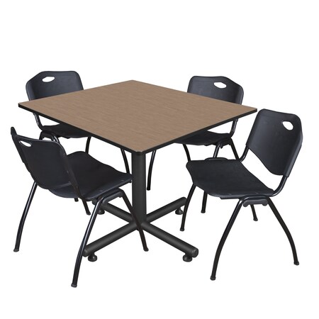 Regency Square Kobe Breakroom Table W/ 4 M Stack Chairs, 48 in W, 48 in L, Noble Oak TKB4848NO47BK