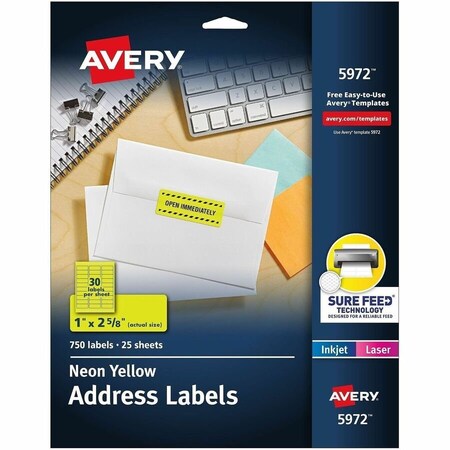 Avery Dennison Avery, HIGH-VISIBILITY PERMANENT LASER ID LABELS, 1 X 2 5/8, NEON YELLOW, 750PK 5972