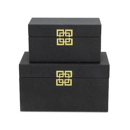 Homeroots Set of Two Black Solid Wood And Fabric Box With Lid, 2PK 489388