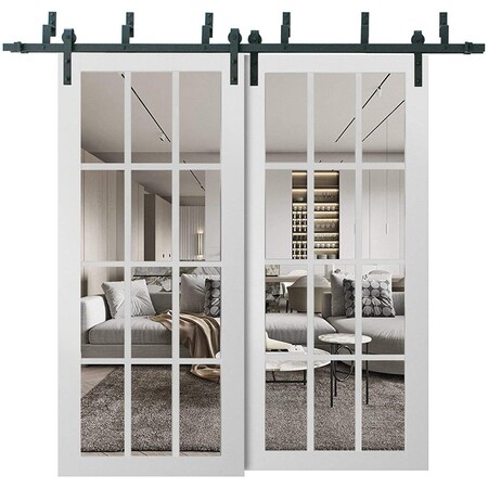 Sartodoors Sliding Closet 12 Lites Clear Glass Barn Bypass Doors, Felicia 3355 White Silk, Sturdy 6.6ft Rails FELICIA3355BBB-WS-8496