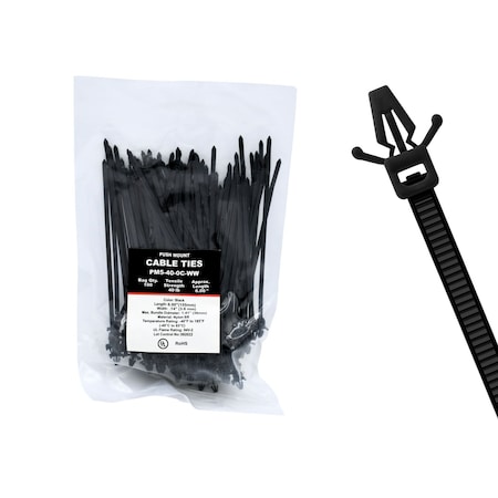 Cable Ties Unlimited Push Mount Cable Tie, Wings, 5 in L, 40 lb Strength, 1.1 in Max Bundle Dia, Nylon, Black, 100PK PM5-40-0C-WW
