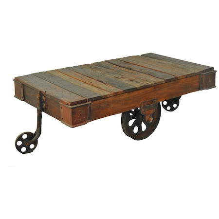 Homeroots 50" Brown and Black Solid Wood and Iron Distressed Wheel Coffee Table 488845