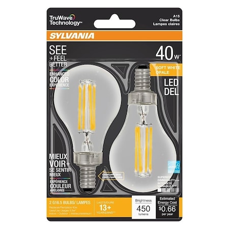 Sylvania Natural LED Bulb, Decorative, A15 Lamp, 40 W Equivalent, E12 Candelabra Lamp Base, Dimmable, Clear 40774