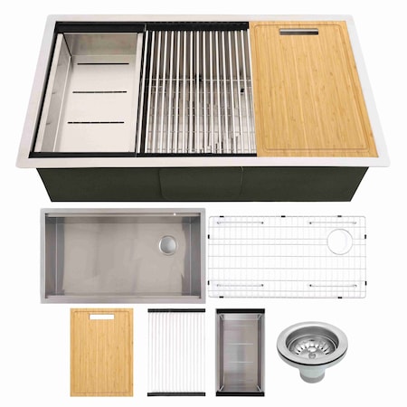 Msi Undermount Stainless Steel 32 In. Single Bowl Workstation Kitchen Sink w/Cutting Board, Colander ZOR-STL-SBSNK-003