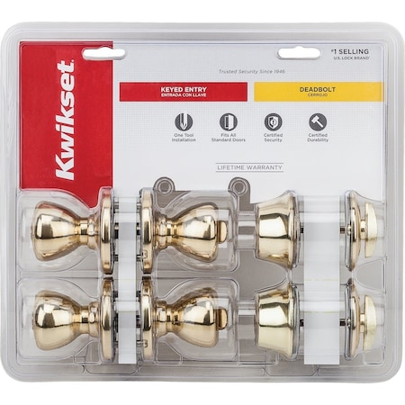 Kwikset Polished Brass Deadbolt and Door Knob Combo 242T 3 CP