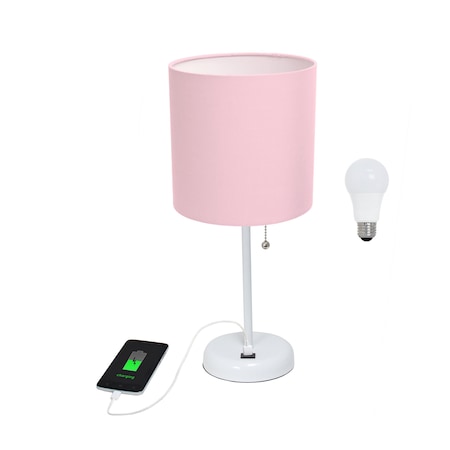 Homeroots 20" White Metal USB Table Lamp LED With Pink Drum Shade 643245