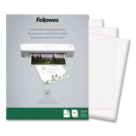 Fellowes Thermal Laminating Pouches, 3 mil, 9" x 11.5", Matte Clear, PK50 5744301