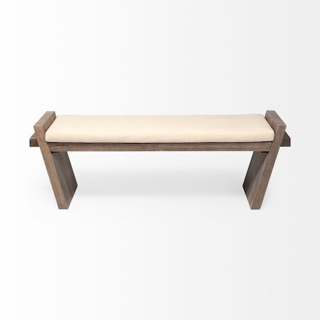 Homeroots 14in Cream and Brown Upholstered Linen Blend Bench 376177