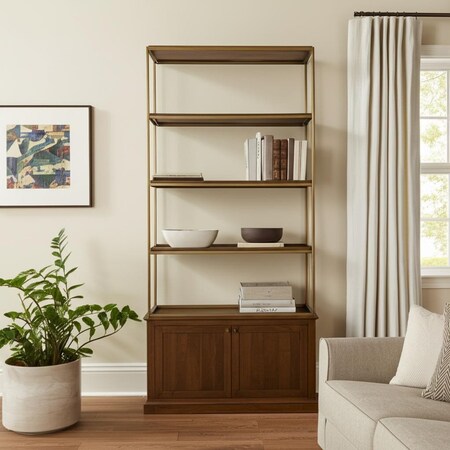 Homeroots 42" Antiqued Brass And Brown Distressed Metal and Solid Wood Four Tier Bookcase with Two Doors 611043