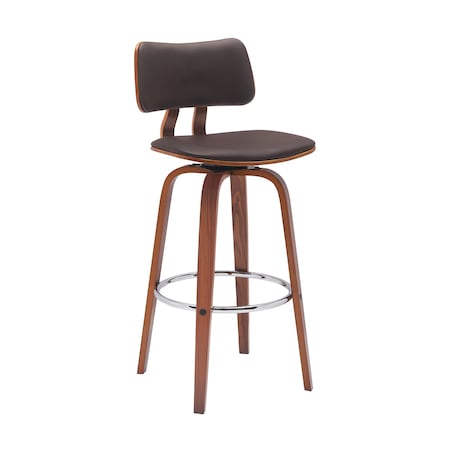 Armen Living Pico 30in Swivel Walnut Wood Bar Stool in Brown Faux Leather with Chrome LCPIBAWABR30