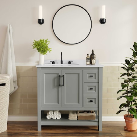 Flash Furniture Vega 36in. Vanity w/Sink, Cabinet w/Blk Hardware, Open Shelf & 3 Drawers, Marble Counter, Gry/Wht FS-VEGA36-KD-GY-HDBLK-GG