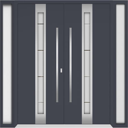 Vdomdoors Metal Double Doors Deux 1717 Gray Graphite Frosted Glass 2 Sidelights Entry Modern Painted 100x80 ( DEUX1717DEXD-GRE-W14+72+14xH80-LH-O