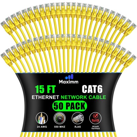 Maximm Cat6 Ethernet Cable 15ft 10Gbps 550MHz UTP, 50PK, Yellow, 50PK CAT6CCA-15YL-50PK