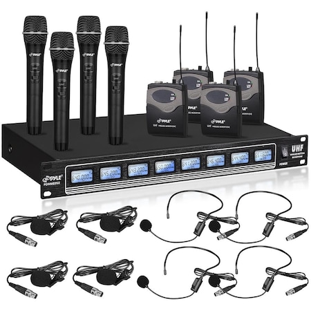 Pyle Pyle8 Ch UHF Wireless Microphone System, Rack Mountable, 4 Handheld Mics, 4 Headsets, 4 Lapels PDWM8350