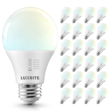 Luxrite A19 LED Light Bulb 60 Watt Equivalent, CRI90, 5CCT Selectable 2700K 3000K 3500K 4000K, 24PK LR21476
