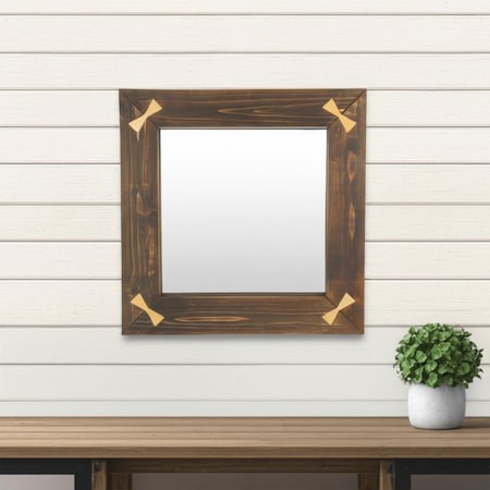 Homeroots 22" Brown Wood With Gold Bows Square Accent Mirror 632514