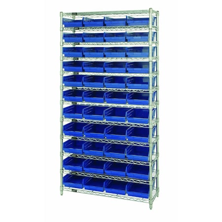 Quantum Storage Systems WIRE SHELVING UNIT W/44 BLUE BINS WR12-114BL