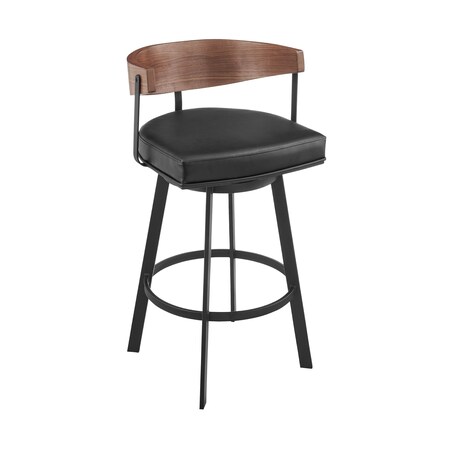 Armen Living Lacey 26in Swivel Counter Stool in Black Iron with Walnut Finish and Vintage Black Faux Leather LCLABABLKWA26