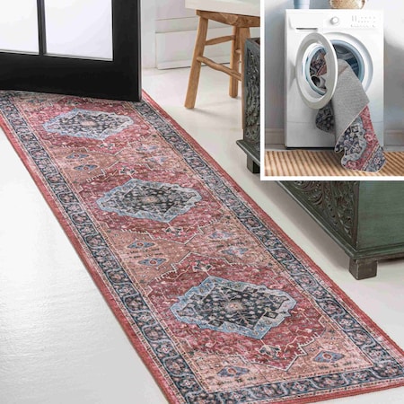 Jonathan Y Alacati Ogee Medallion Non-Slip Machine-Washable Red/Blue/Brown 2 ft. x 8 ft. Runner Rug WSH103D-28