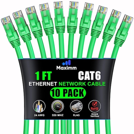 Maximm Cat6 Ethernet Cable 1ft 10Gbps 550MHz UTP, 10PK, Green, 10PK CAT6CCA-1GN-10PK