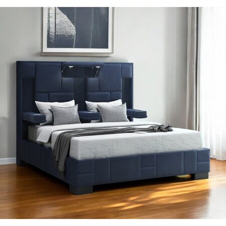 Homeroots Navy Blue And Upholstered Lighted Queen Bed Frame with USB 564741