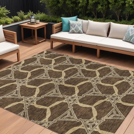 Homeroots 9' X 12' Brown And Beige Geometric Washable Indoor Outdoor Area Rug 613480