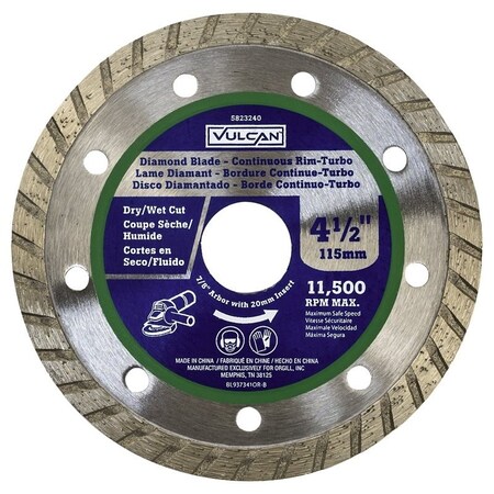 Vulcan 937341OR Continuous Turbo Diamond Blade, 4.5 in Dia, 7/8 in Arbor PTA250505/937341O