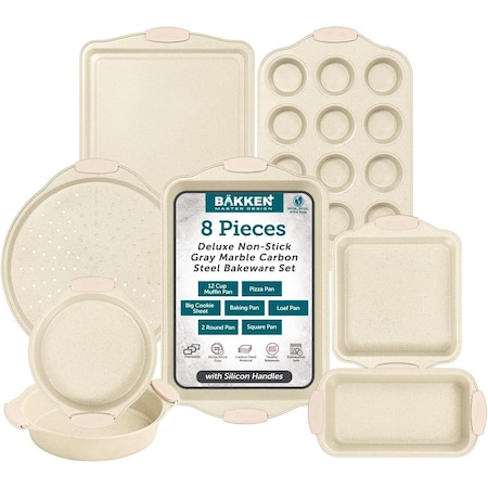 Bakken-Swiss Deluxe 8-Piece Carbon Steel Bakeware Set, Nonstick White Marble, Silicone Handles, Professional BKBSMARWHT88