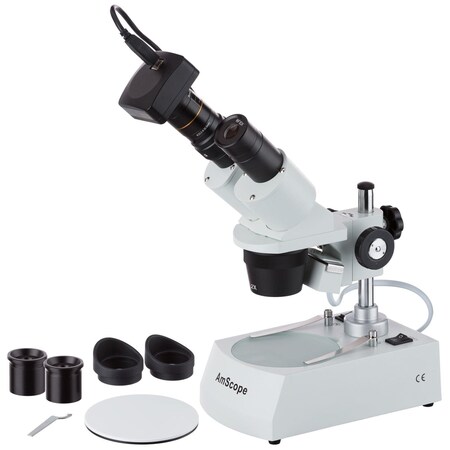 Amscope SE306 Compact Multi-Lens Binocular Stereo Microscope 20X-80X w/Angled Head, Metal Pillar Stand, Top & SE306R-PZ-3M3