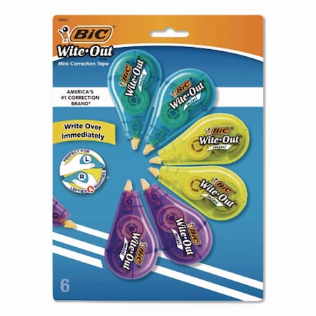 Bic Wite-Out Brand Mini Correction Tape, Non-Refillable, Blue/Purple/Yellow Applicator, 0.2"x314.4", 6PK WOTMP61-WHI