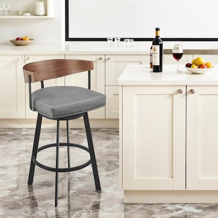 Homeroots 30" Gray Brown and Black Faux Leather and Iron Low Back Bar Height Swivel Bar Chair 569159