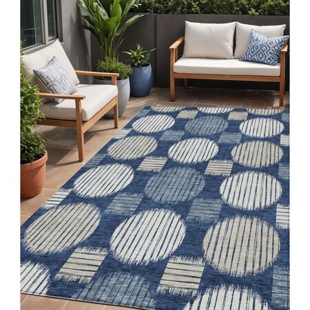 Homeroots 5' X 8' Navy Blue And Ivory Geometric Washable Indoor Outdoor Area Rug 593607