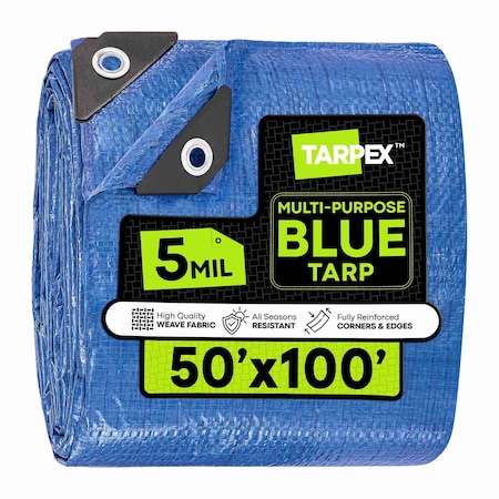Tarpex Multipurpose Tarp, 50 ft x 100 ft, 5 Mil, Blue, Polyethylene BT-TA-50100
