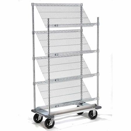 Global Industrial Nexel 4 Slant Shelf Truck, Chrome, 36"W x 18"D x 70"H, Rubber Plate Casters, 2 Rigid, 2 Swivel 504108