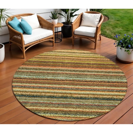 Homeroots 8' Coral Gold And Green Round Striped Washable Indoor Outdoor Area Rug 577771