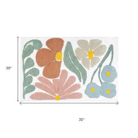 Homeroots 32" Light Blue Red And White Cotton Floral Bath Rug 635404