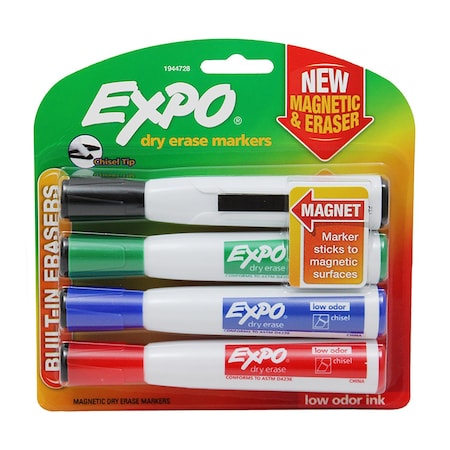 Expo Magnetic Dry Erase Markers with Eraser, Chisel Tip, Assorted, 4PK 1944728