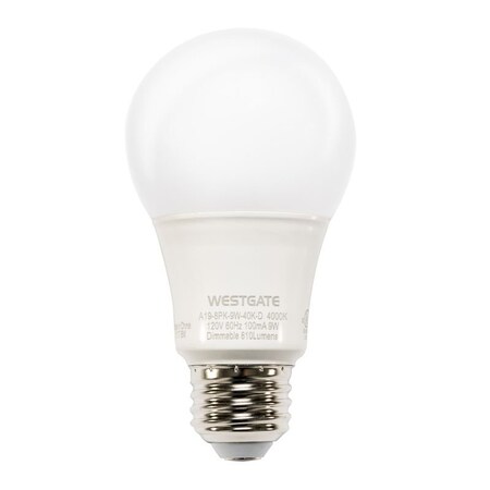 Westgate A19 LED LAMPS, 120V, 790 LUMENS, 240D, 15K HRS, 4000K UL (Case of 40), 9W, White A19-40PK-9W-40K-D