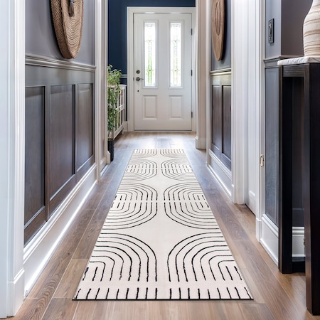 World Rug Gallery Bohemian Lines Washable Non Slips Runner Rug 2 ft x 10 ft Ivory WR72IVORY2X10