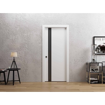 Sartodoors Sliding Pocket Door 36 x 96 inches, Planum 0444 White Silk with Black Inserts and Frosted Glass, Ki PLANUM0444PD-WS-3696