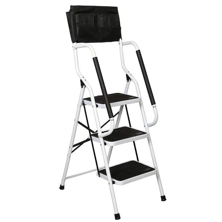 Wrightmaster 3-Step 4.4 ft. Steel Step Ladder (7 ft. Reach) with Safety Handrails and Removable Tool Bag, 500 ZROP422495