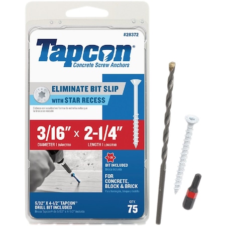 Tapcon 3/16'' x 2-1/4'' Star Drive Flat Head White Concrete Screw Anchors, 75 Ct. 28372