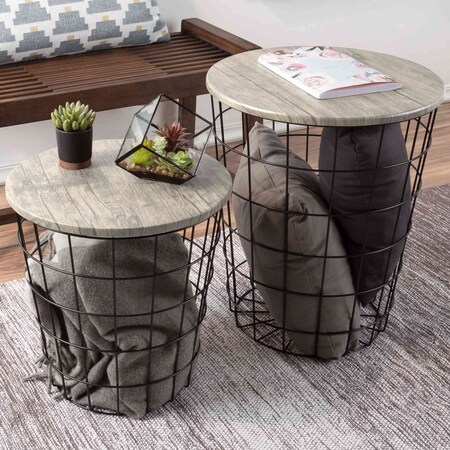 Lavish Home Set of 2 End Tables Nesting Tables with Removable Wood Tops, Metal Basket Bases 80-ENDTBL-22