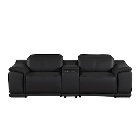 Homeroots 93in Black and Silver Italian Leather Power Reclining Loveseat With Storage 720570