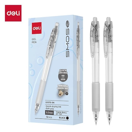 Deli SMMOS Retractable Gel Pen 0.5mm, Black Ink, 600m, 12PK EG057-BK