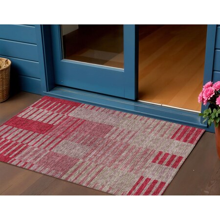 Homeroots 3' X 5' Burgundy Pink And Blush Striped Washable Indoor Outdoor Area Rug 613163
