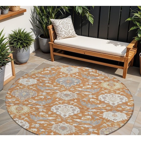 Homeroots 8' Copper Ivory And Gray Round Damask Washable Indoor Outdoor Area Rug 599408